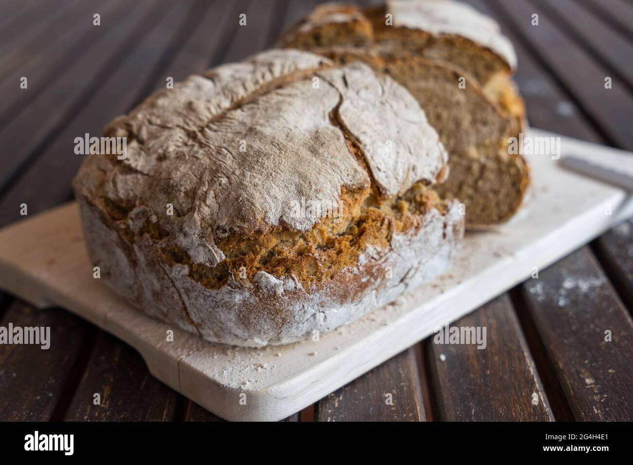 close-up of homemade cut rye bread with traditional natural sourdough Stock Photo