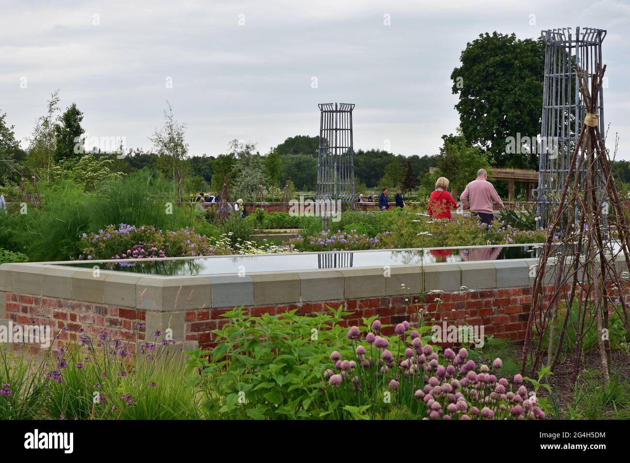 Pond and metal sculpture, RHS Bridgewater gardens, Salford, Manchester