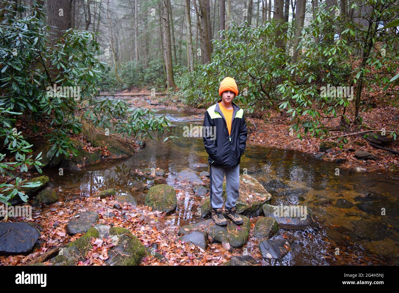 Boy standing on mossy rock in calm stream near Three Forks on Appalachian Trail in Georgia, USA Stock Photo