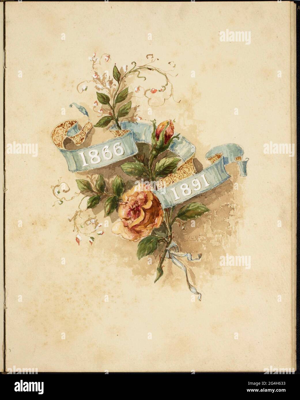 . Liber Amicorum with the names of the donors of the silver ensemble on the occasion of the 25th anniversary of the couple of Tienhoven-Hacke. On the first page a rose branch with banderol in which the year students 1866 and 1891; On the second page three orchids with the text: 'Mr. and Mrs. van Tienhoven Hacke on the occasion of their silver wedding party 12 September; on the third page:' Offered by their friends ': On the nine next pages that all with another flower - and / or blade branch are decorated in alphabetical order the names of the donors of the ensemble; then a page with the names Stock Photo