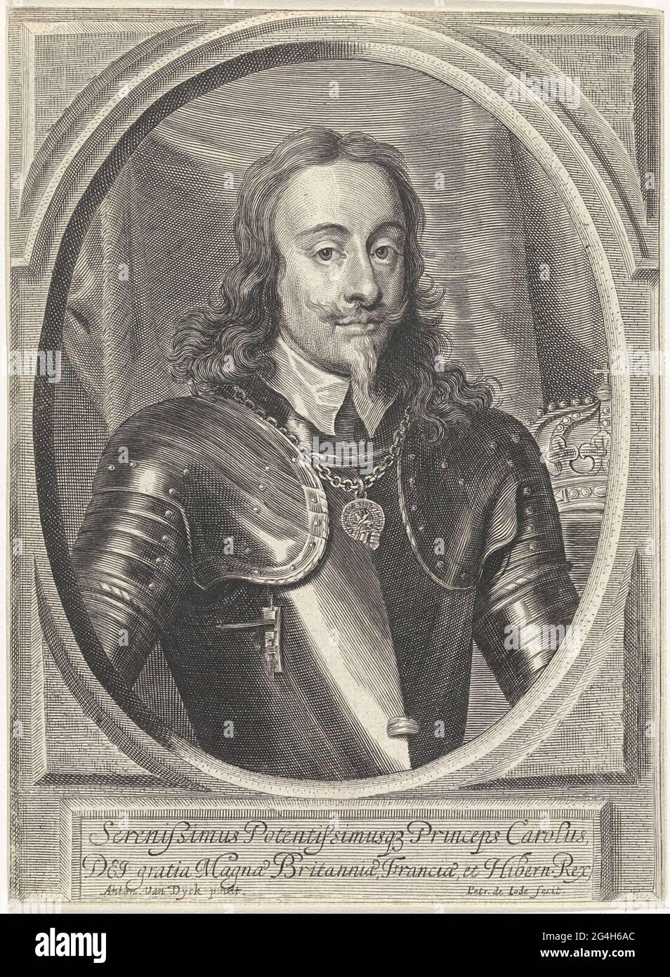 . Bust portrait of Charles I, in armor. A crown behind him. The ...