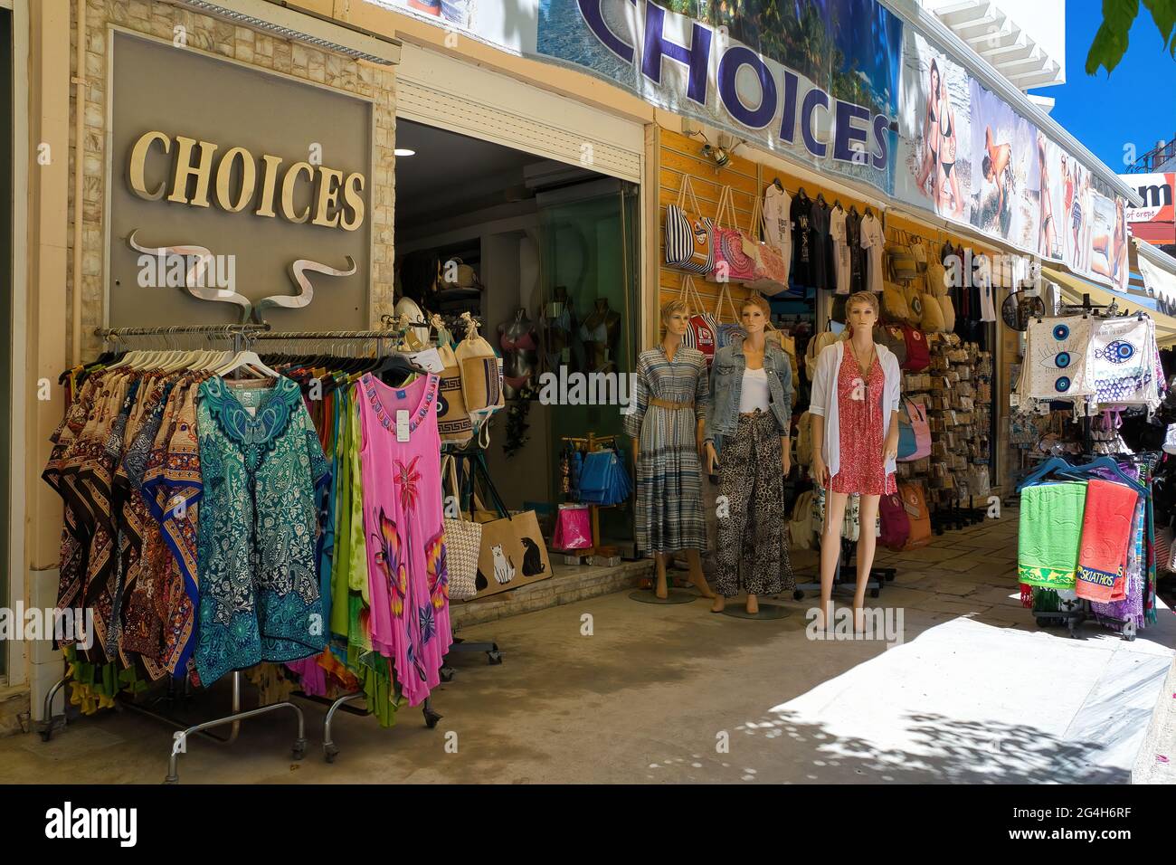 souvenir shop. clothes and items of folk art, island of Skiathos , Greece.  Dreams, welcome, lucky beads, good luck charms Stock Photo - Alamy