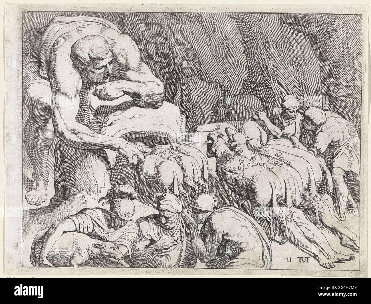 . The giant Polyphemus made by Odysseus blind opens his cave to leave his herd of sheep. Odysseus and his men escape the giant by hanging under the rams and sheep. Stock Photo