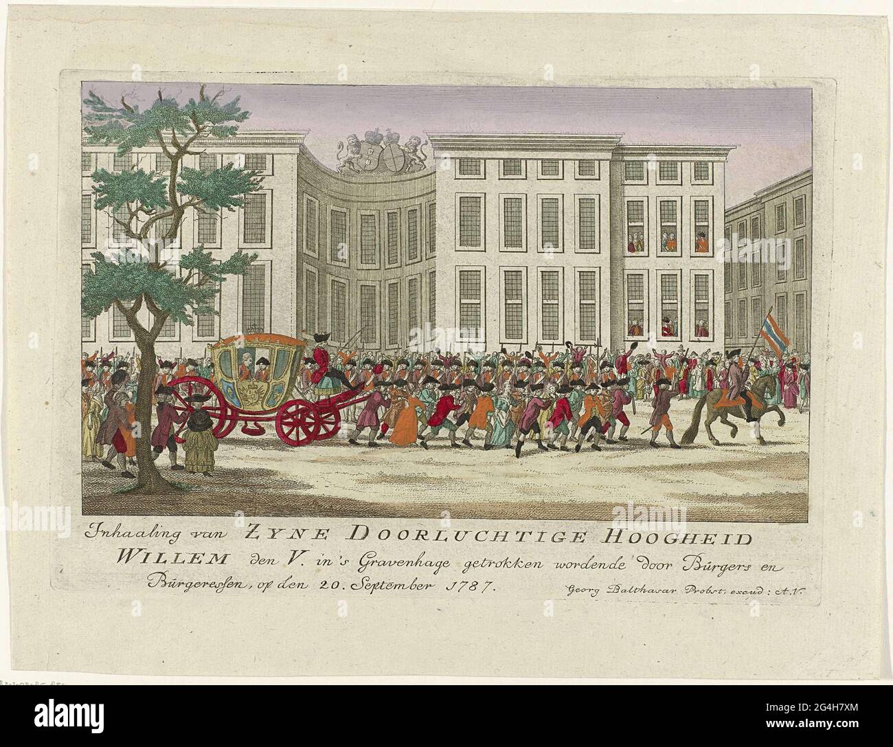 . Ray of the Prince of Orange by the Burgerij in The Hague, September 20, 1787. The open carriage with Stadholder Willem V is pulled by men and women about the road along the Palace of Nassau-Weilburg. Stock Photo