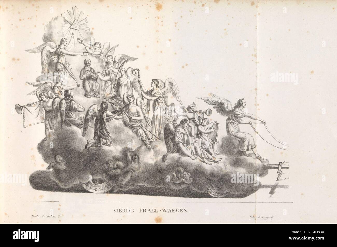 Fourth float in the procession for the Holy Rombout, 1825; Fourth Prael-Waegen. The fourth float in the conversation for the Holy Rombout. On the wagon the blessing rombout amid angels. The procession was held on June 28, 5 and 12, 1825. Illustration in a publication on the occasion of the 50-year celebration in 1825 of the Jubilee of the Saint Rumold or Rombout, patron saint of the city of Mechelen. Stock Photo