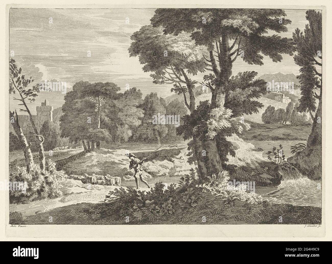 . A wooded landscape with a stream. In the foreground a shepherd and ...