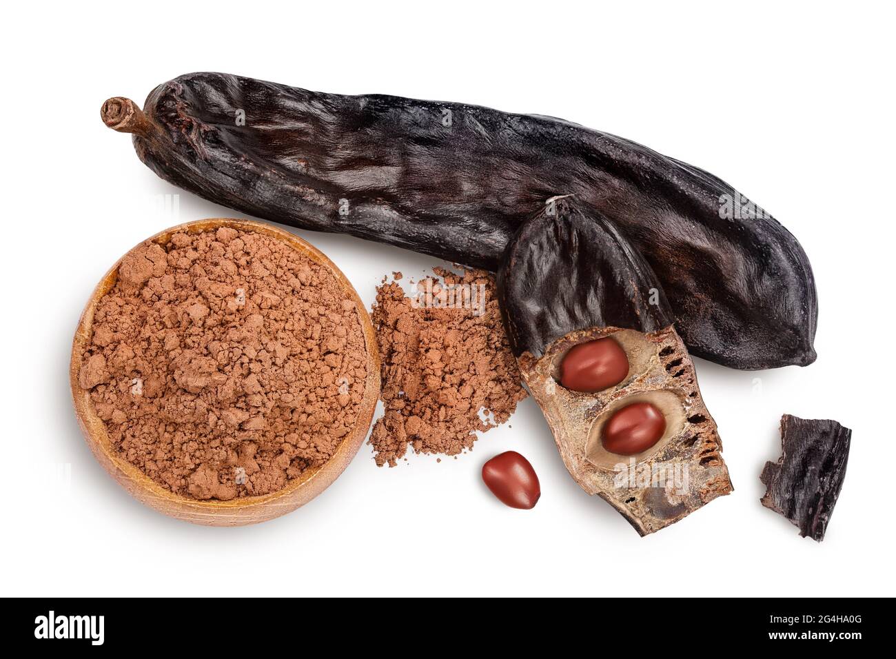 Carob pod and powder isolated on white background with clipping path