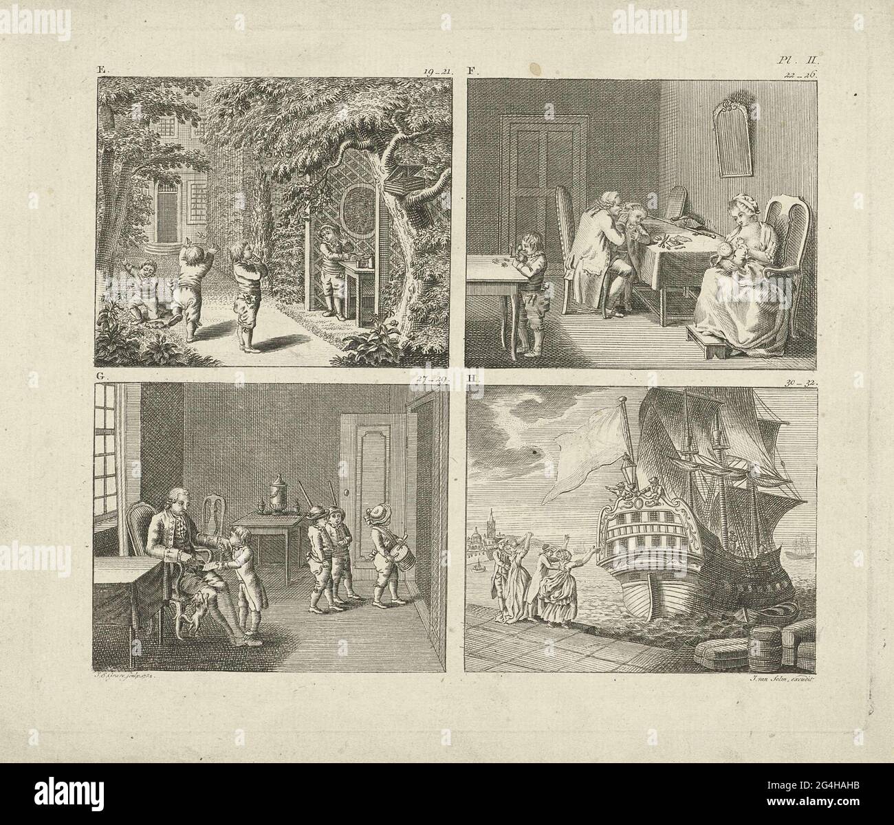 . Four performances regarding the soul of man. Top left, marked E. 19-21: four children playing in a garden. Top right, labeled F. 22-26: a family in a living room. The mother gives one of the children's chest. The father gives one of the children a medical examination. Another child investigates insects with a lens. At the left, marked G. 27-29: a living room with three children playing soldier. Another child hands over his father. By the right, marked H. 30-32: a quay on which two couples stand wave to a galleon. Stock Photo