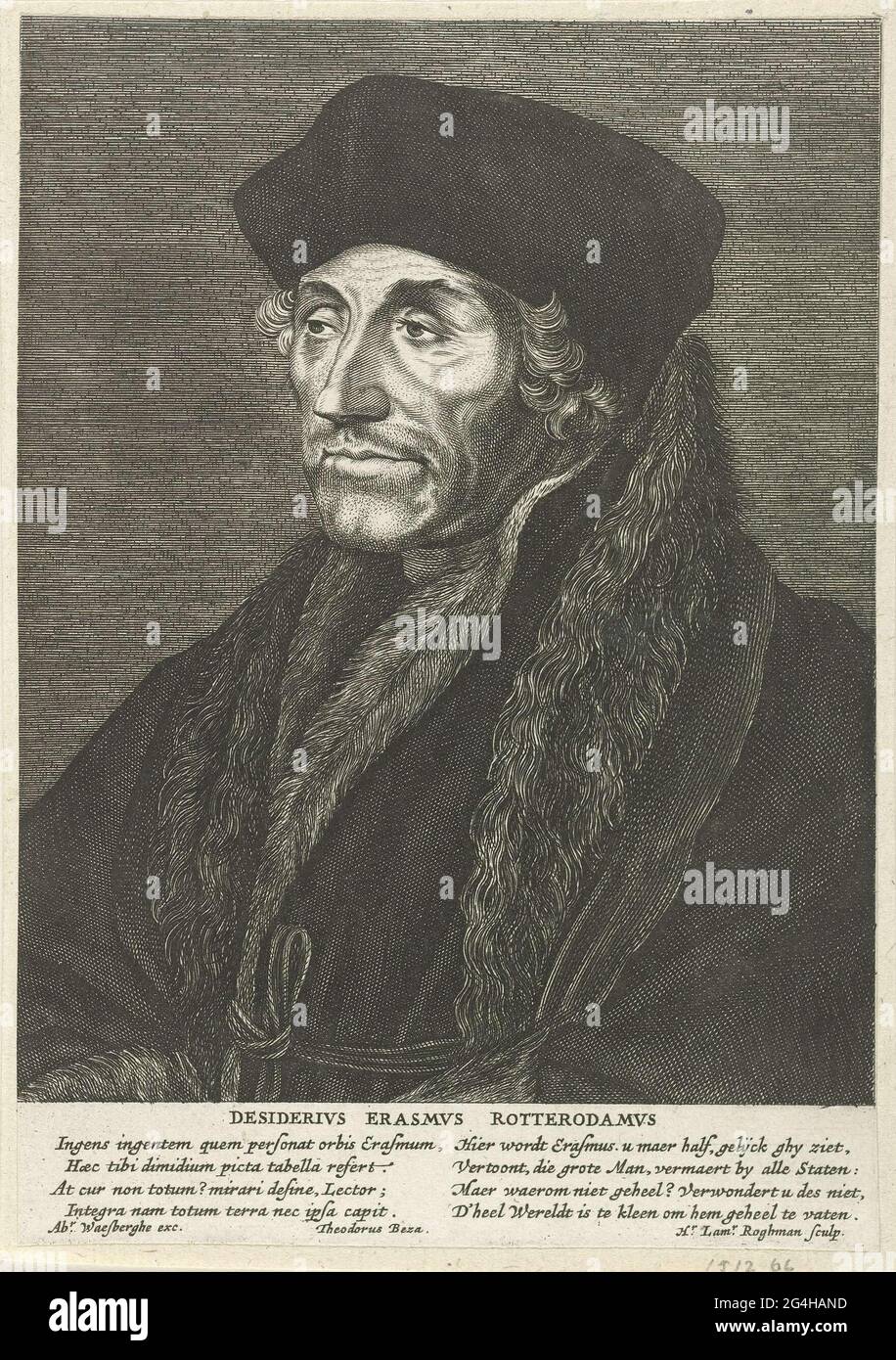 . Portrait bust of the scholar desiderius Erasmus. Under the portrait a ...