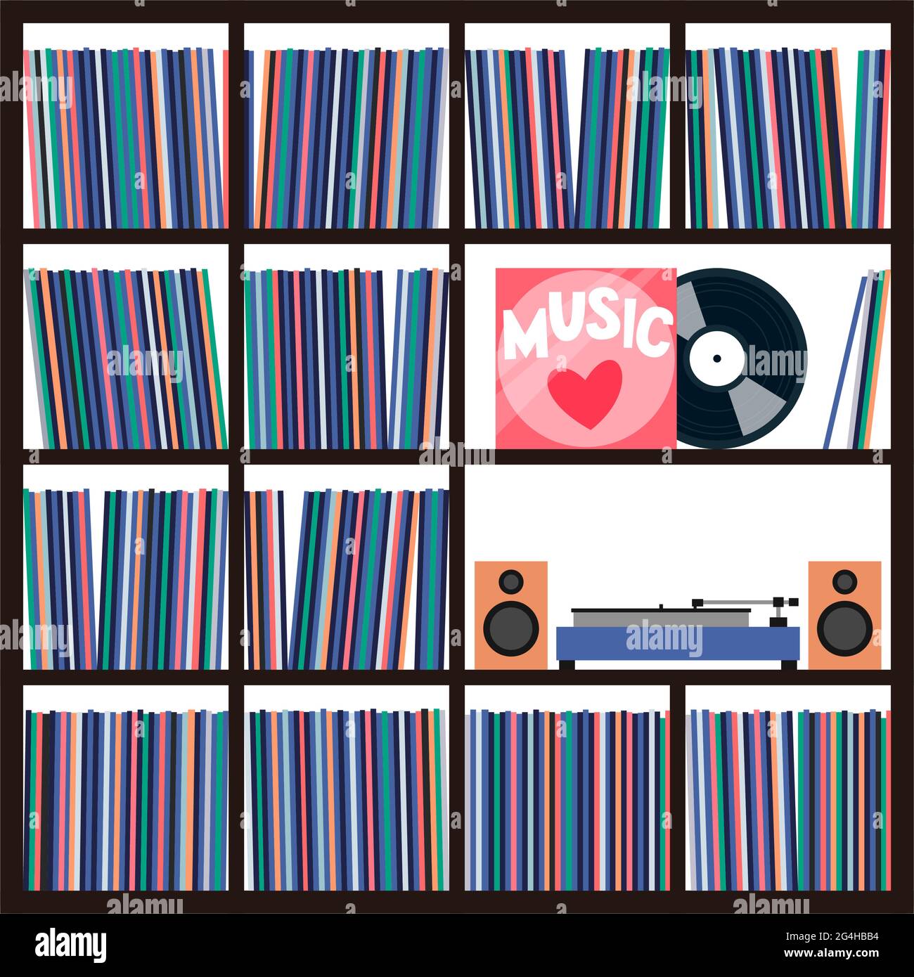 Vinyl collection on shelves with turntable and acoustic system. Stacks of music records in sleeves. Vector Stock Vector