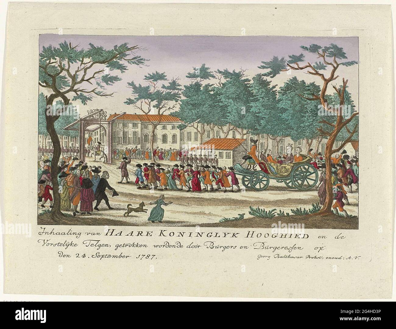 . Raying of the Princess of Orange and the children by the Burgerij in The Hague, 24 September 1787. The open carriage with the royal family is pulled by men and women over the road to the Bosch Bridge. Stock Photo
