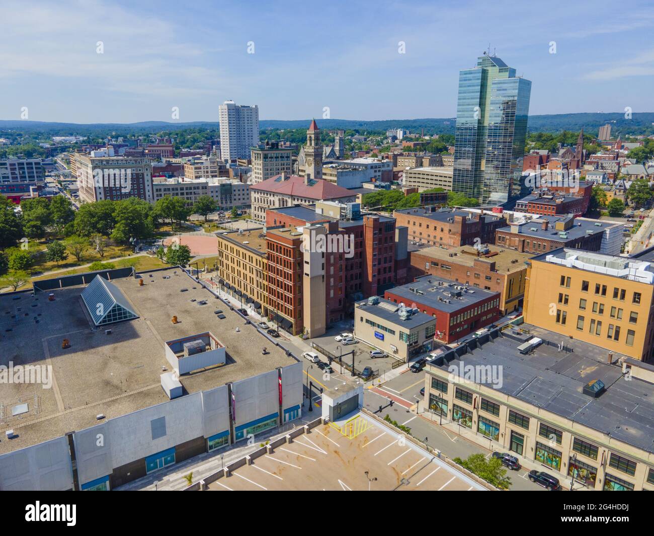 Worcester City Hall aerial view and Worcester Plaza building on Main Street with modern skyline