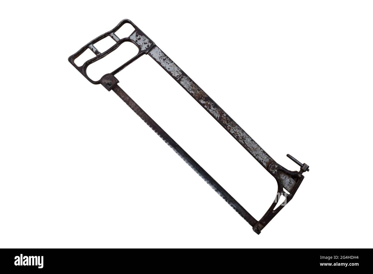 Old hacksaw for metal isolated on a white background. Work concept. Stock Photo