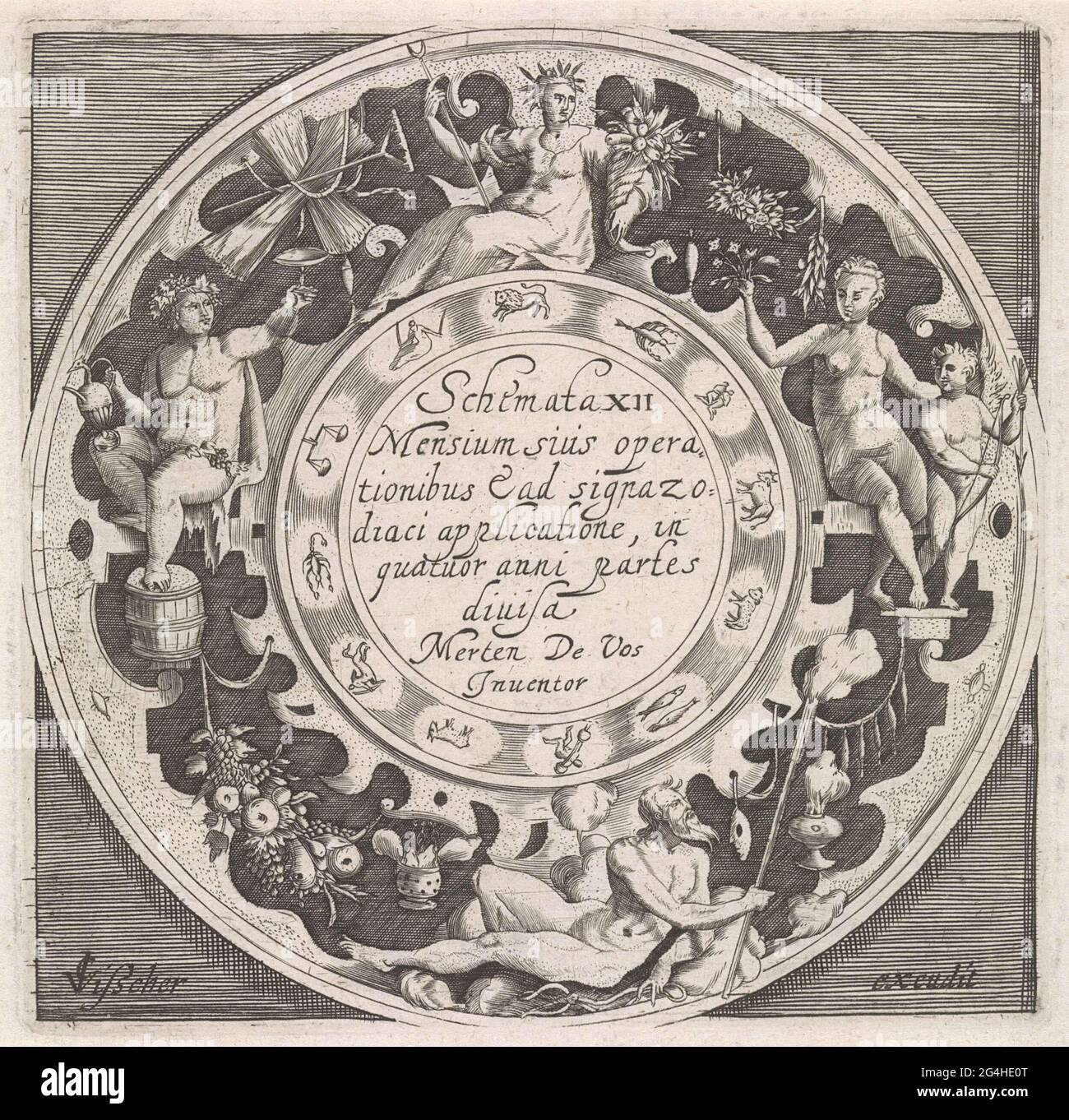 Medallion with the series title in Latin and a ring with the twelve signs  of the zodiac. The print has a picture frame with Ceres, Bacchus, Boreas  and Venus with Amor