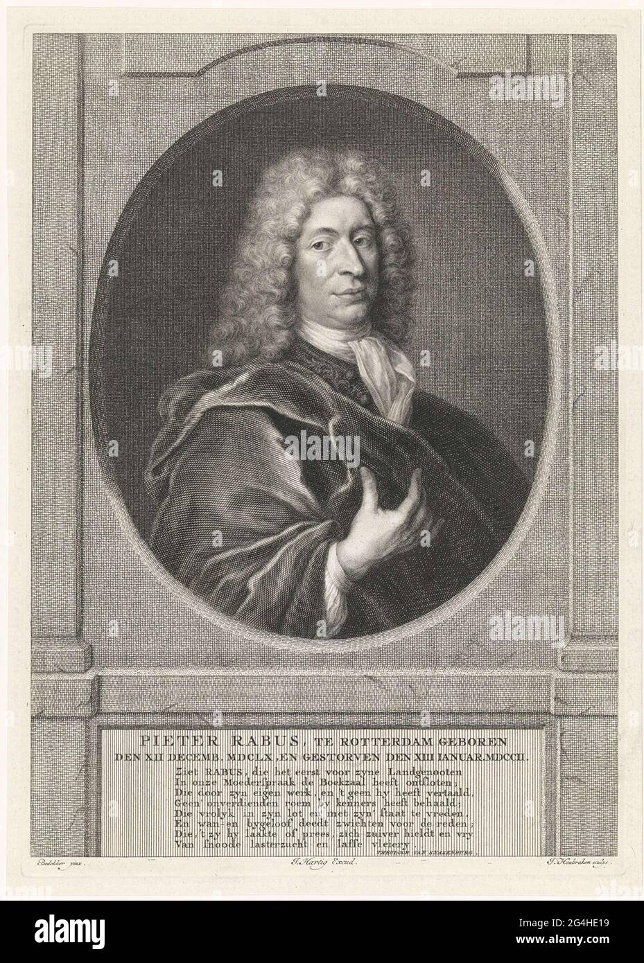 . Bust to the right of Pieter Rabus in an oval architectural window. Under the portrait His name and data in two lines in Latin one below that is an eighty verse in Dutch. Stock Photo
