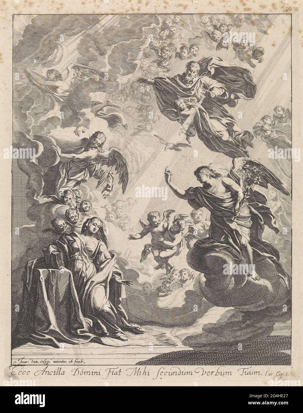 . The angel Gabriel proclaims Maria, who is a book at a table, the