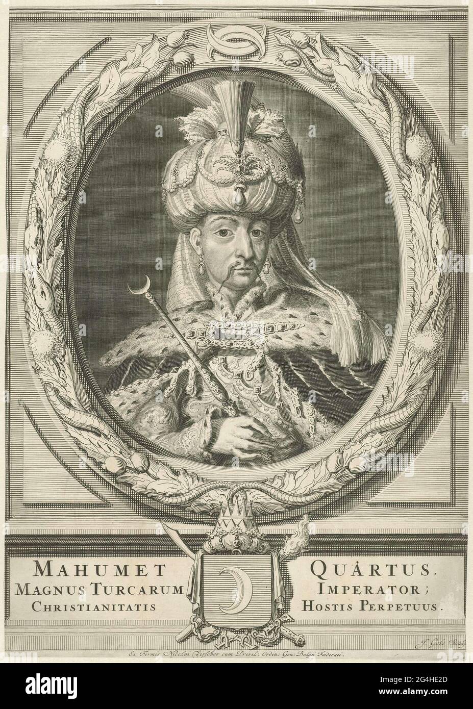 Portrait in Ornamental, Oval List of Sultan Mehmet IV. Half it to the  right. Under the portrait the coat of arms of the Ottoman Empire. The print  has a Latin caption