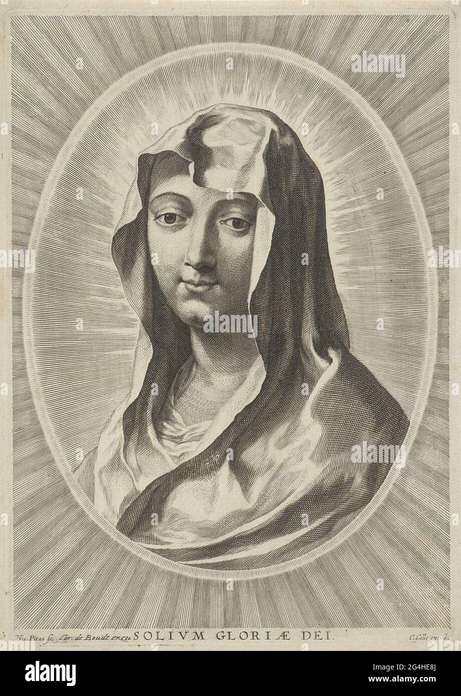 . Bust portrait of the Holy Virgin Mary, surrounded by light rays. In