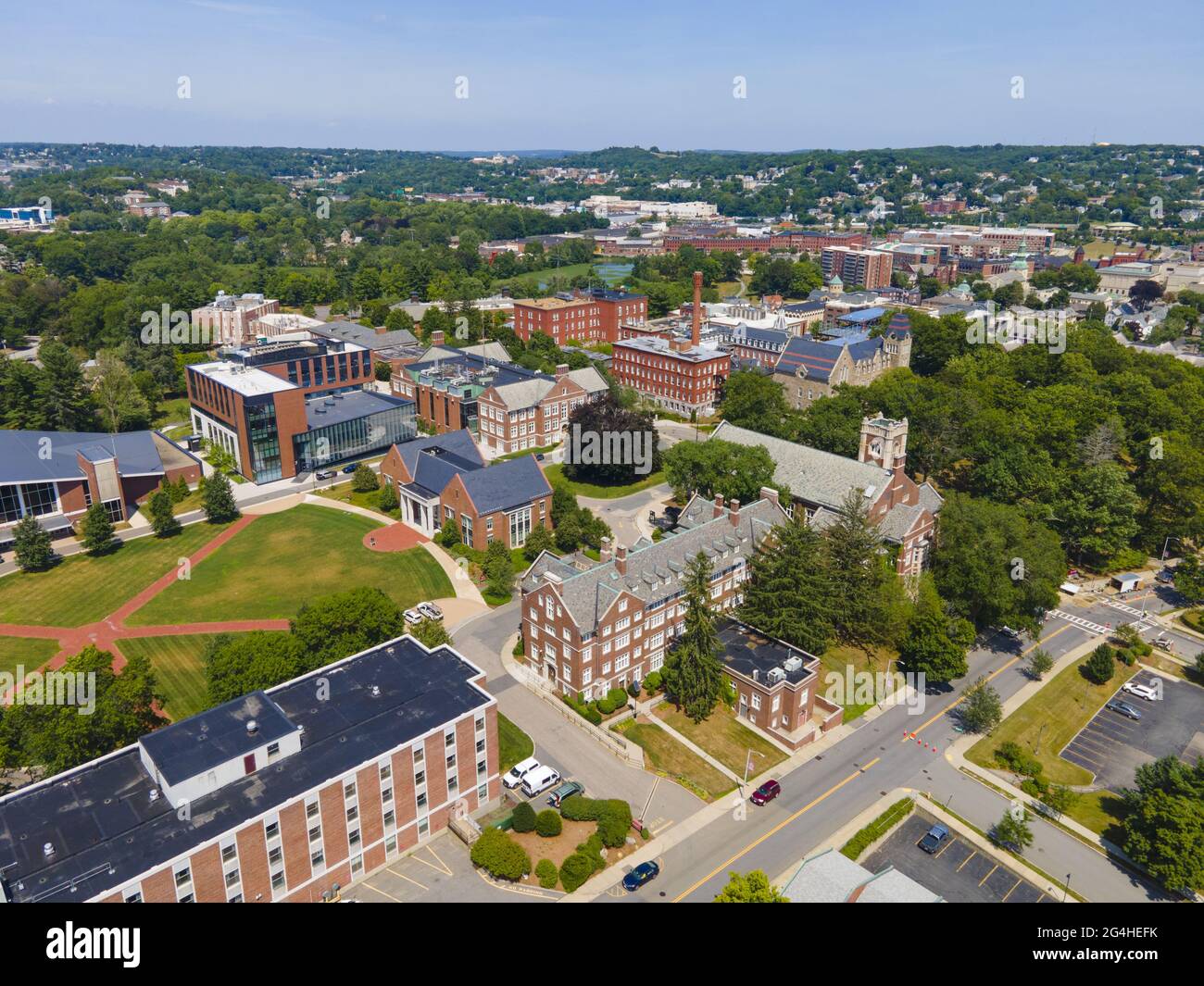 Aerial view of Worcester Polytechnic Institute WPI main campus around
