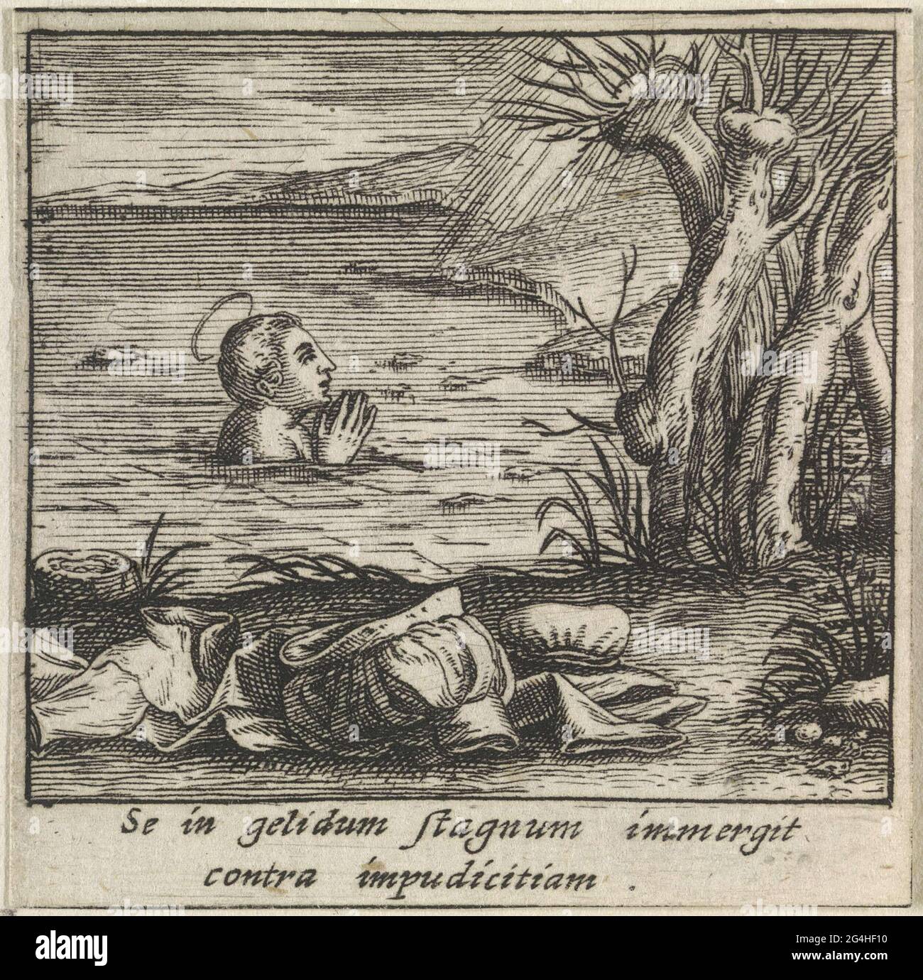 . To protect himself against unchaste thoughts, the H. Bernardus of Clairvaux prays in the ice-cold water of a pond. The print is part of a fourteen-part series that forms a framework around an image of the H. Bernardus of Clairvaux. Stock Photo
