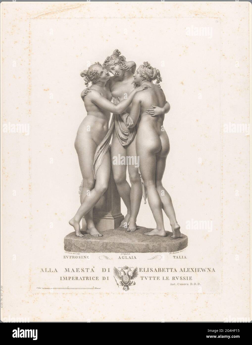 The three gratients; Sculptures by Antonio Canova. Sculpture of the three gratients (Talia, Aglaia and Euprohosine) by the Italian sculptor Antonio Canova. Assignment under the show. Stock Photo