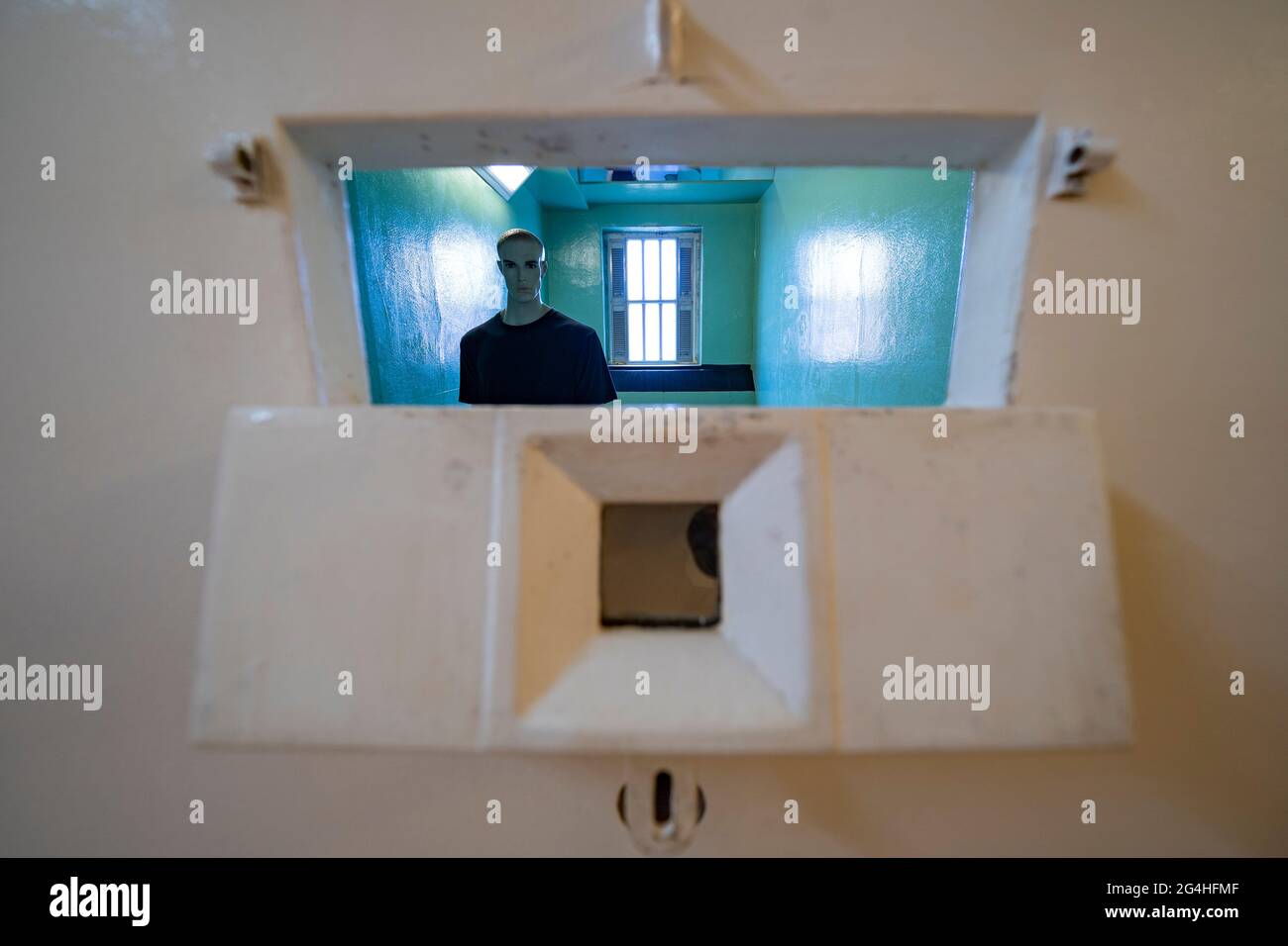 Former suicide watch prison cell inside hall at Peterhead Prison Museum in Peterhead, Aberdeenshire, Scotland, UK Stock Photo