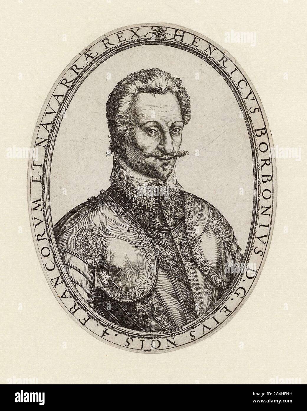 Bust of Hendrik van Navarra (Pau (Navarra, now France), December 13, 1553 -  Paris, 14 May 1610), dressed in harness, in oval with Latin peripheral. As  Henry III, the portrait was