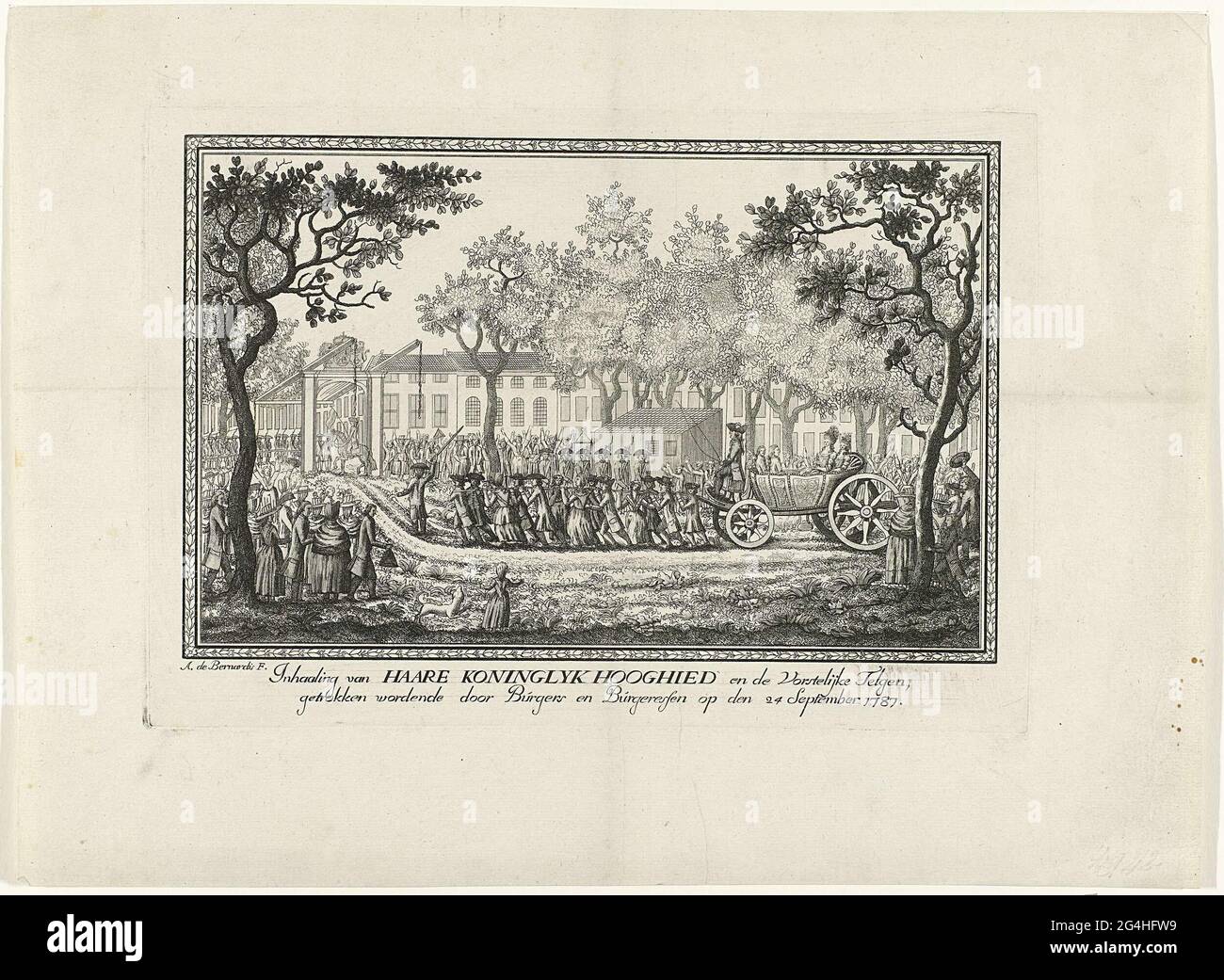 . Raying of the Princess of Orange and the children by the Burgerij in The Hague, 24 September 1787. The open carriage with the royal family is pulled by men and women over the road to the Bosch Bridge. With decorated frame. Stock Photo