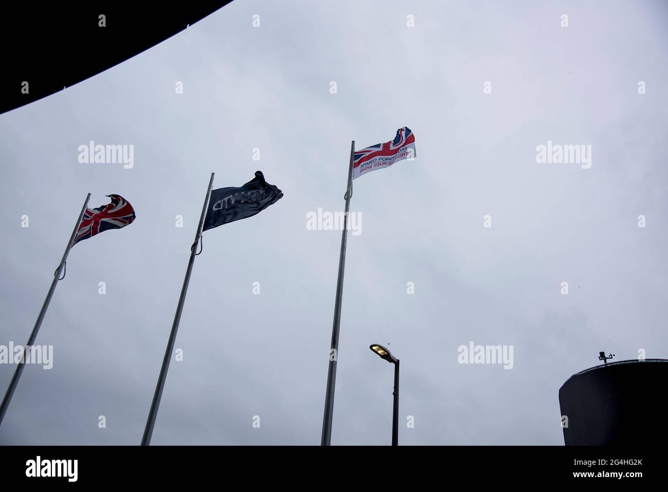 London, UK. 21st June, 2021. Flags seen during the Armed Forces Flag Raising ceremony outside City Hall London.The Mayor of London, Sadiq Khan, joins members of the Armed Forces, the London Assembly and the City Hall branch of the British Legion to pay tribute to the UK's servicemen and women ahead of National Armed Forces Day on June 26, 2021. The annual flag raising ceremony took place outside City Hall on June 21, 2021. Credit: SOPA Images Limited/Alamy Live News Stock Photo