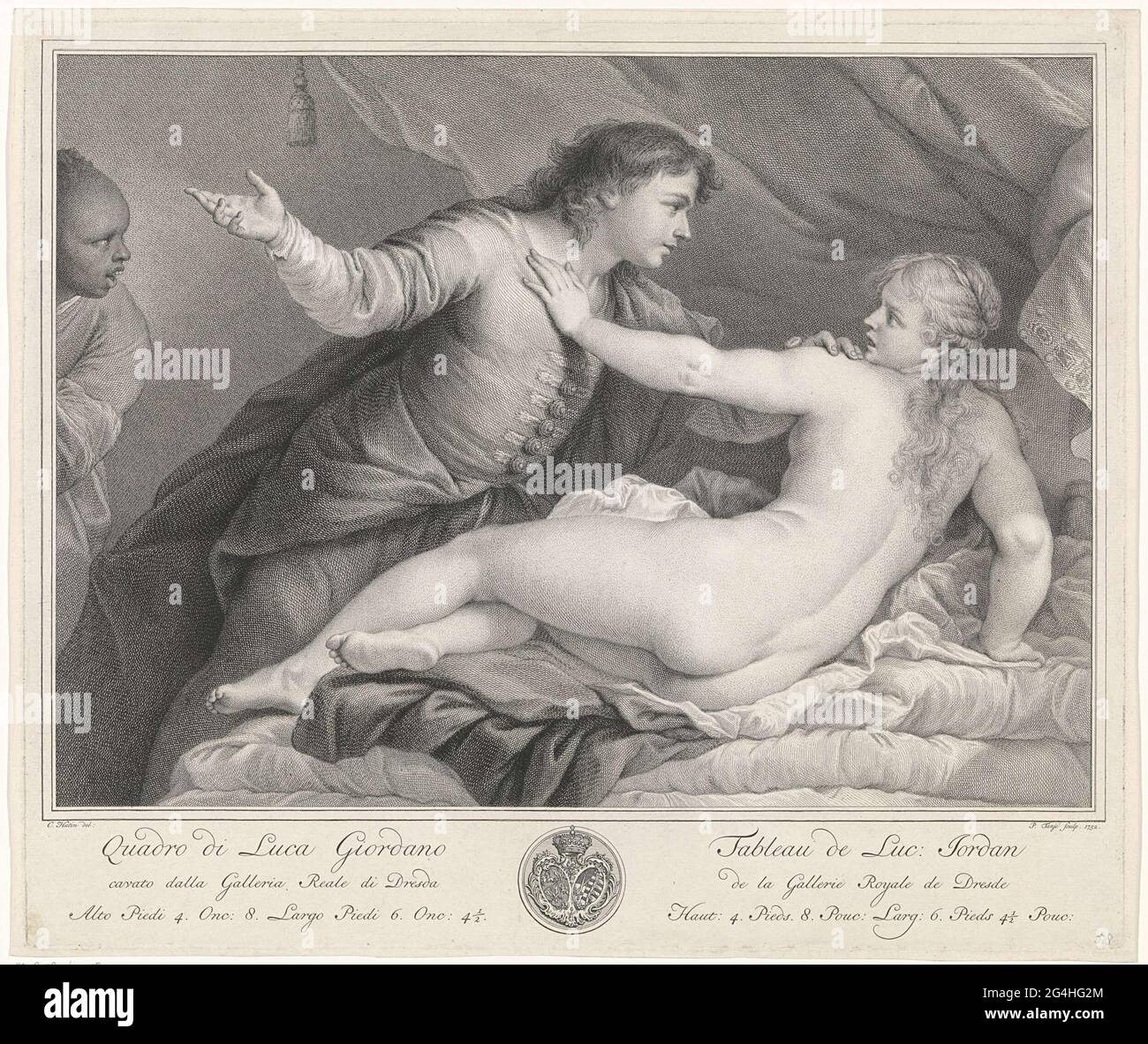 . Lucretia tries Sextus Tarquinius, who wants to raping her. On the left looks a clerk. Stock Photo