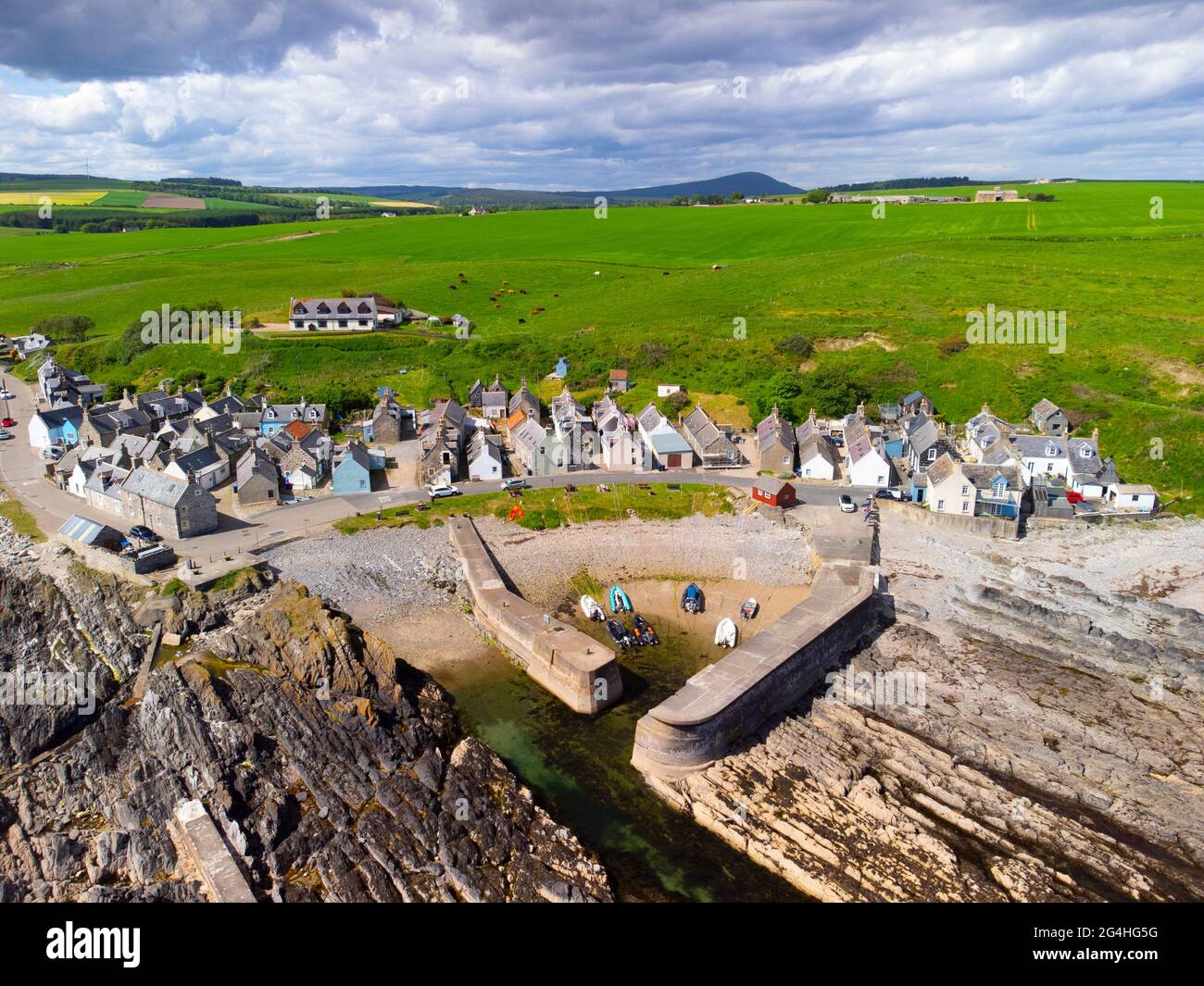 Aerial view from drone of village of Sandend on Moray Firth in ...