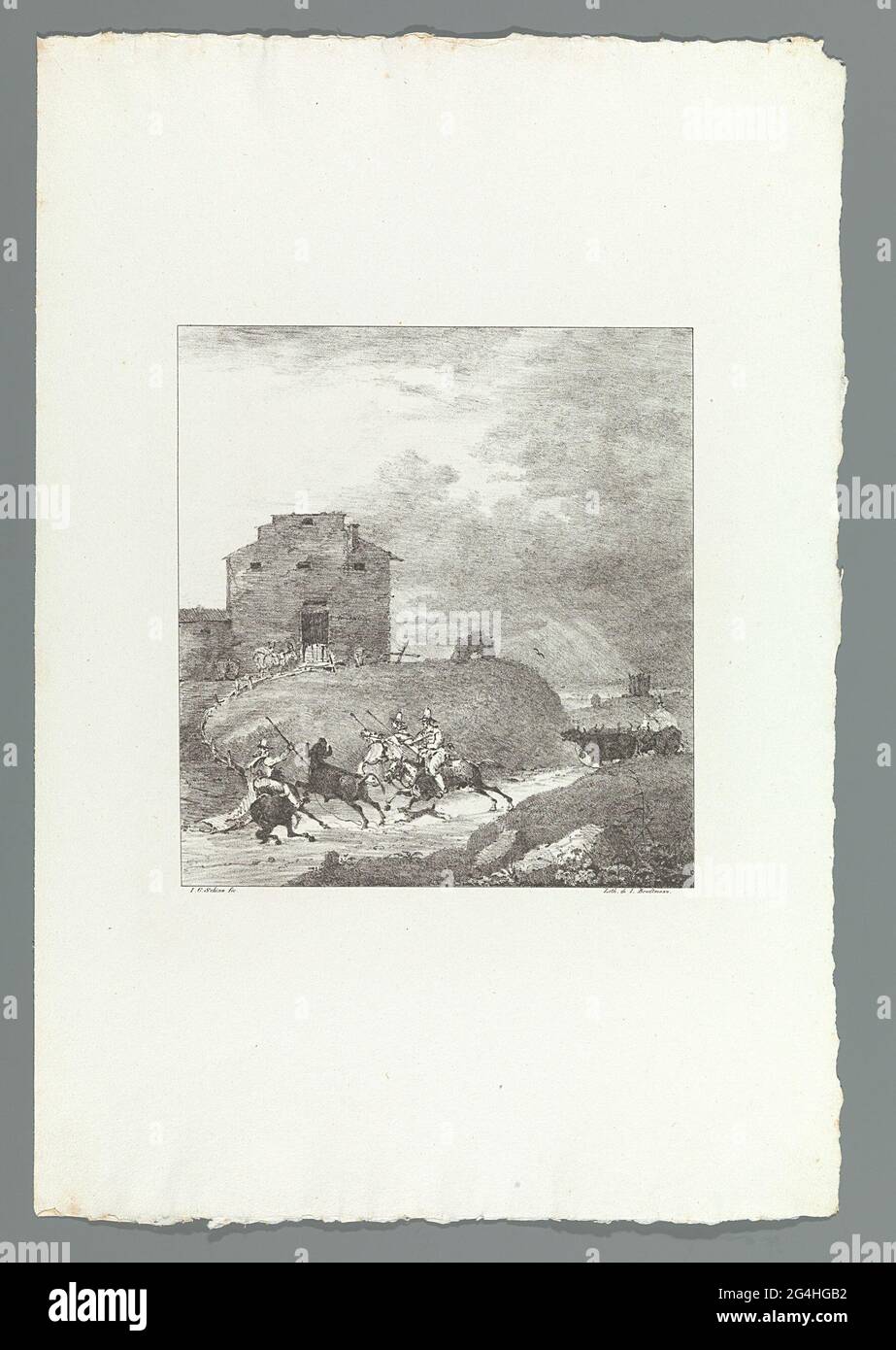Riders catch a broken young bull. Chalk lithograph from the 'Lithographic Original-Zeichnungen von J.G. Schinz, Zürich 1822 '. Stock Photo