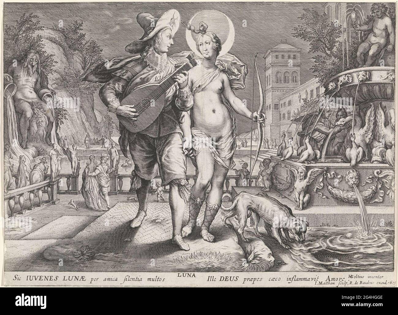 . Diana as the moon godin Luna, with a young man with a lute next to her. She holds the fabric of his pants. They walk in a garden with a large fountain on the right. In the background, many figures are walking at a pond of a palace. Two dogs drink in the foreground. Stock Photo