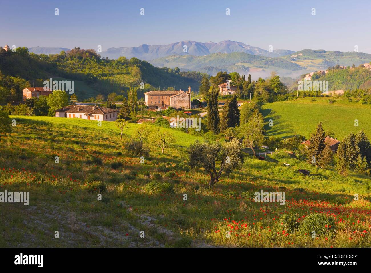 Buildings and countryside near Urbino, Marche, Italy Stock Photo