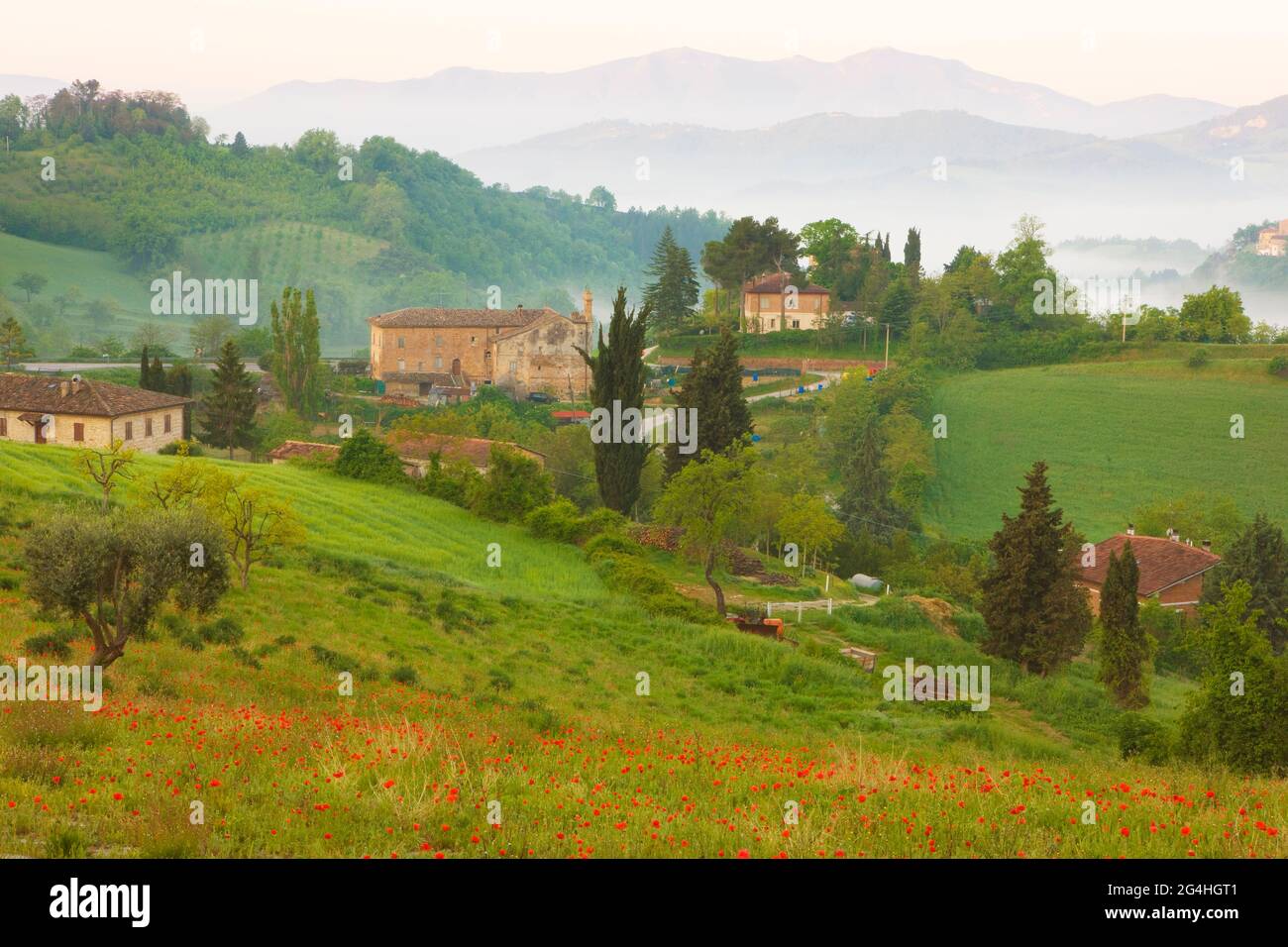 Buildings and countryside near Urbino, Marche, Italy Stock Photo