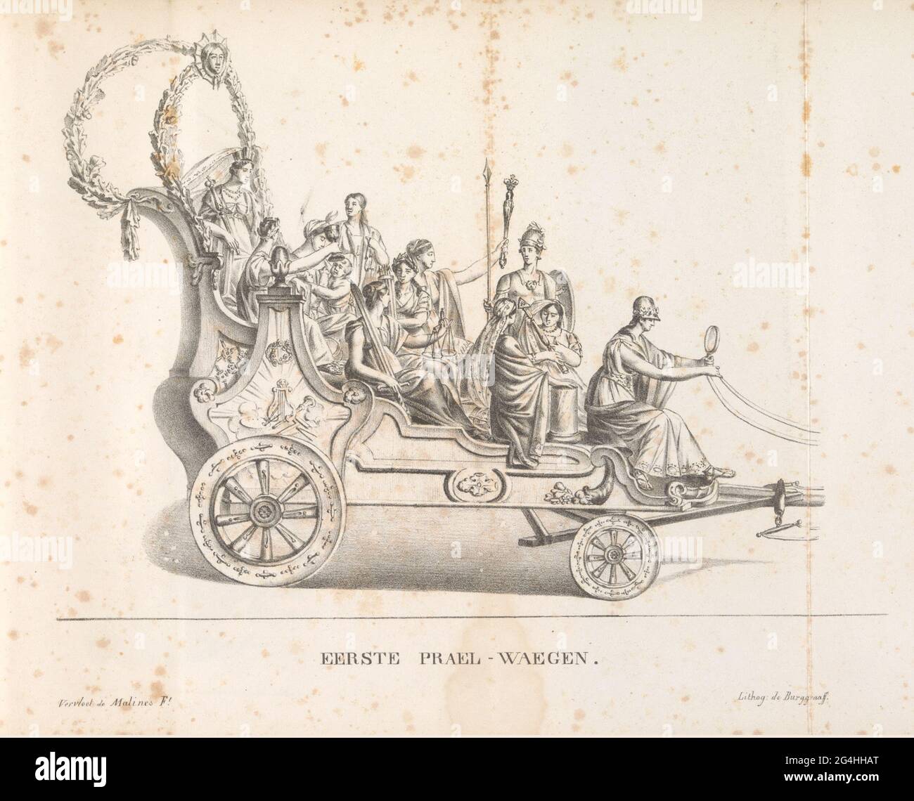 First float in the procession for the Holy Rombout, 1825; First Prael-Waegen. The first float in the conversation for the Holy Rombout. The city mawn from Mechelen accompanied by virtues on the car. The procession was held on June 28, 5 and 12, 1825. Illustration in a publication on the occasion of the 50-year celebration in 1825 of the Jubilee of the Saint Rumold or Rombout, patron saint of the city of Mechelen. Stock Photo