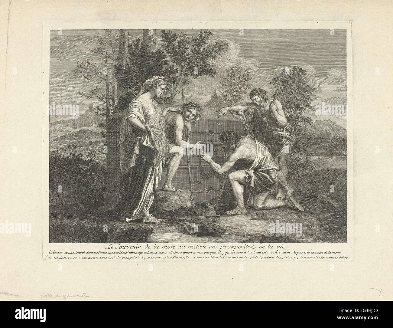 . Landscape with three shepherds and a woman. They discover an antique ...