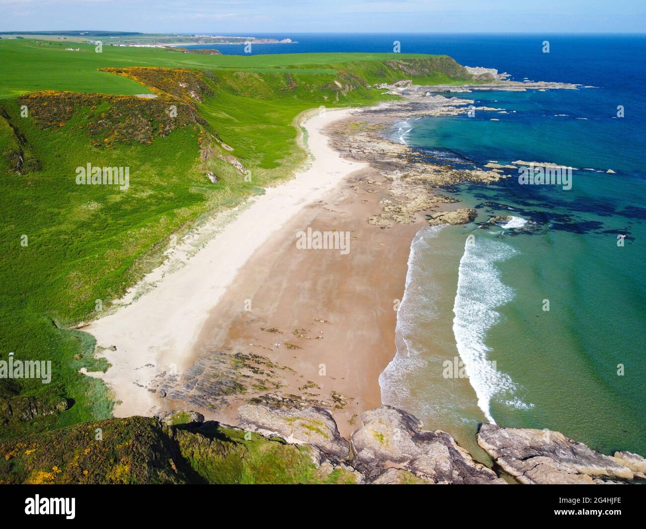 Aerial view from drone of Sunnyside Beach on Moray Firth coast in Aberdeenshire, Scotland, UK Stock Photo