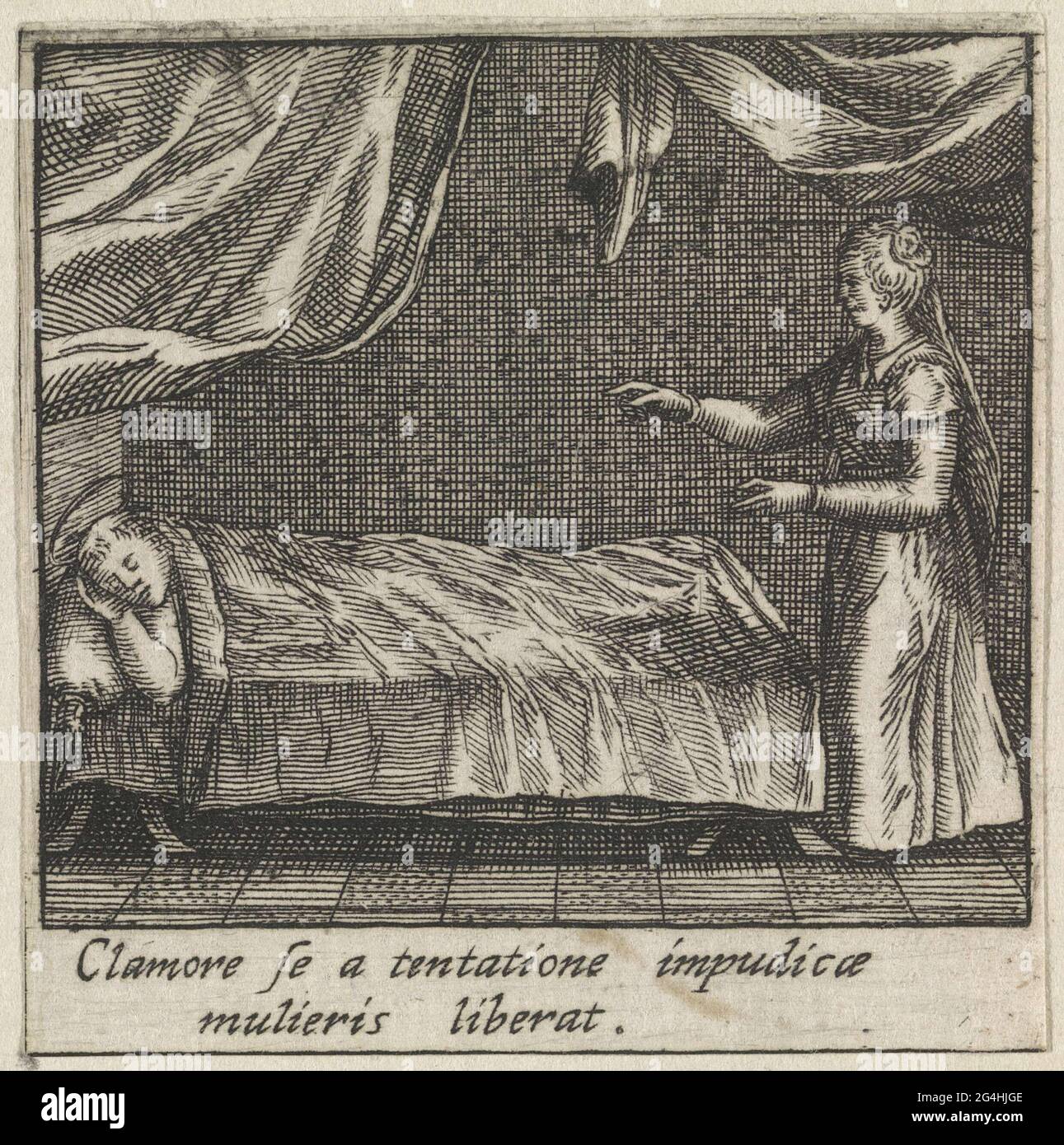 . An unchaste woman tries to approach the bed of the Sleeping H. Bernardus from Clairvaux. The saint will chase the woman early. The print is part of a fourteen-part series that forms a framework around an image of the H. Bernardus of Clairvaux. Stock Photo