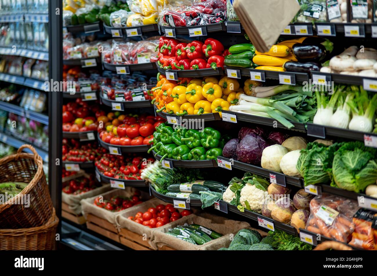 A selection of fruit and vegetables on sale at a local supermarket in Sussex, UK Stock Photo