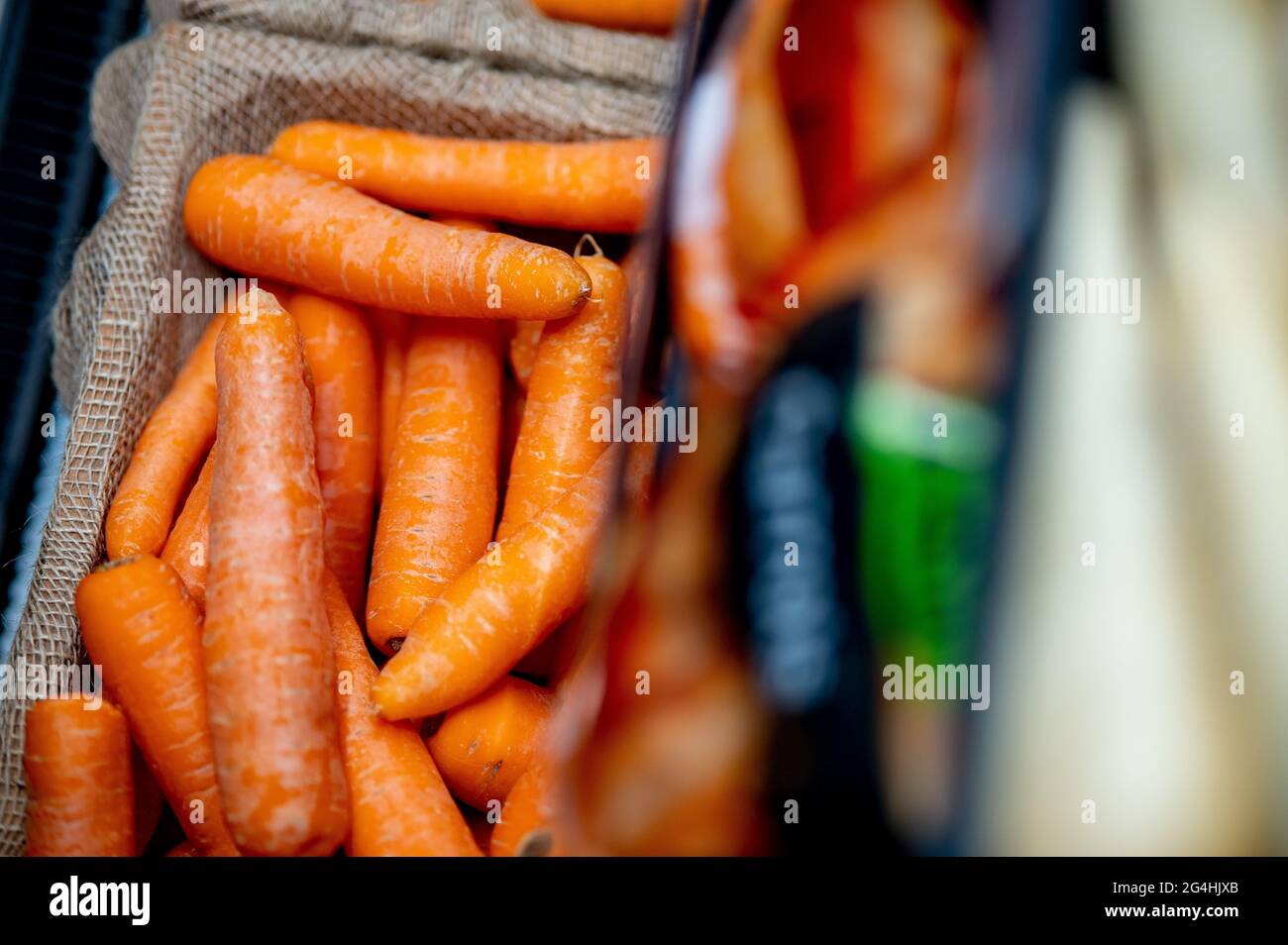 Carrots on sale at a supermarket. Stock Photo