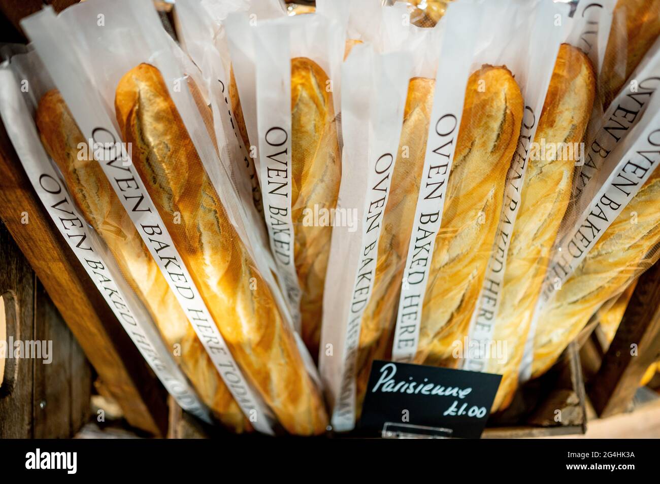 Oven baked fresh French sticks or baguettes Stock Photo