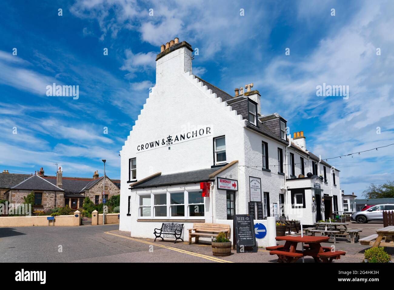 Exterior view of The Crown & Anchor hotel in Findhorn, Moray, Scotland, UK Stock Photo