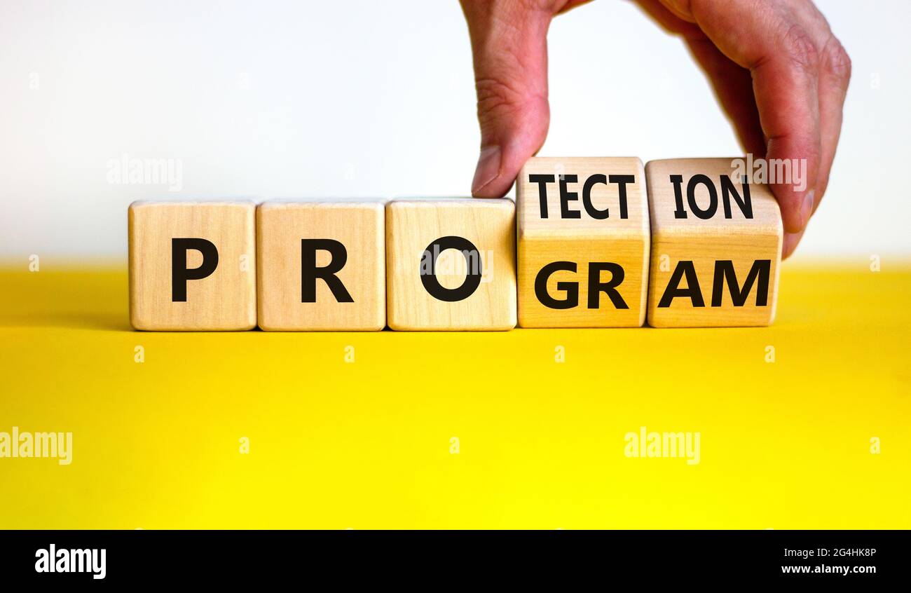 Program Protection Images Protection program symbol. Businessman turns wooden cubes and changes ...