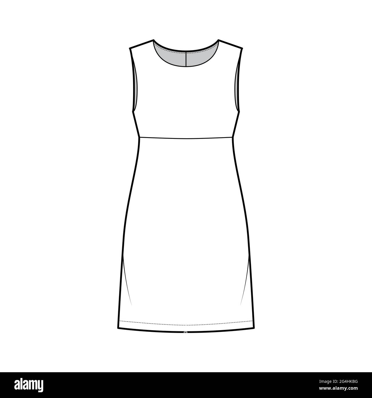 Dress empire line technical fashion illustration with sleeveless, oversized body, knee length A-line skirt. Flat apparel front, white color style. Wom Stock Vector