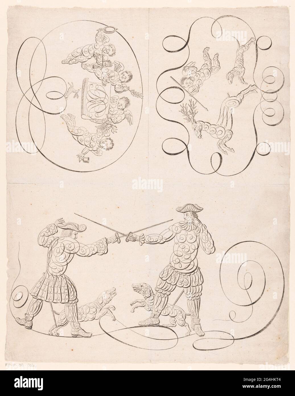 Calligraphy with dueling men and putti. Calligraphy with three motifs separated by a engraved line. There are two dueling men on the lower half of the magazine, both with a dog. The upper half of the leaf is divided into two vertically. In the cartouche on the left, four putti with a mirror, a scales, an olive roof, grapes, a chalice and a role with monogram AGB. In the cartouche right there is a putto with a dog, hunting a deer. Stock Photo