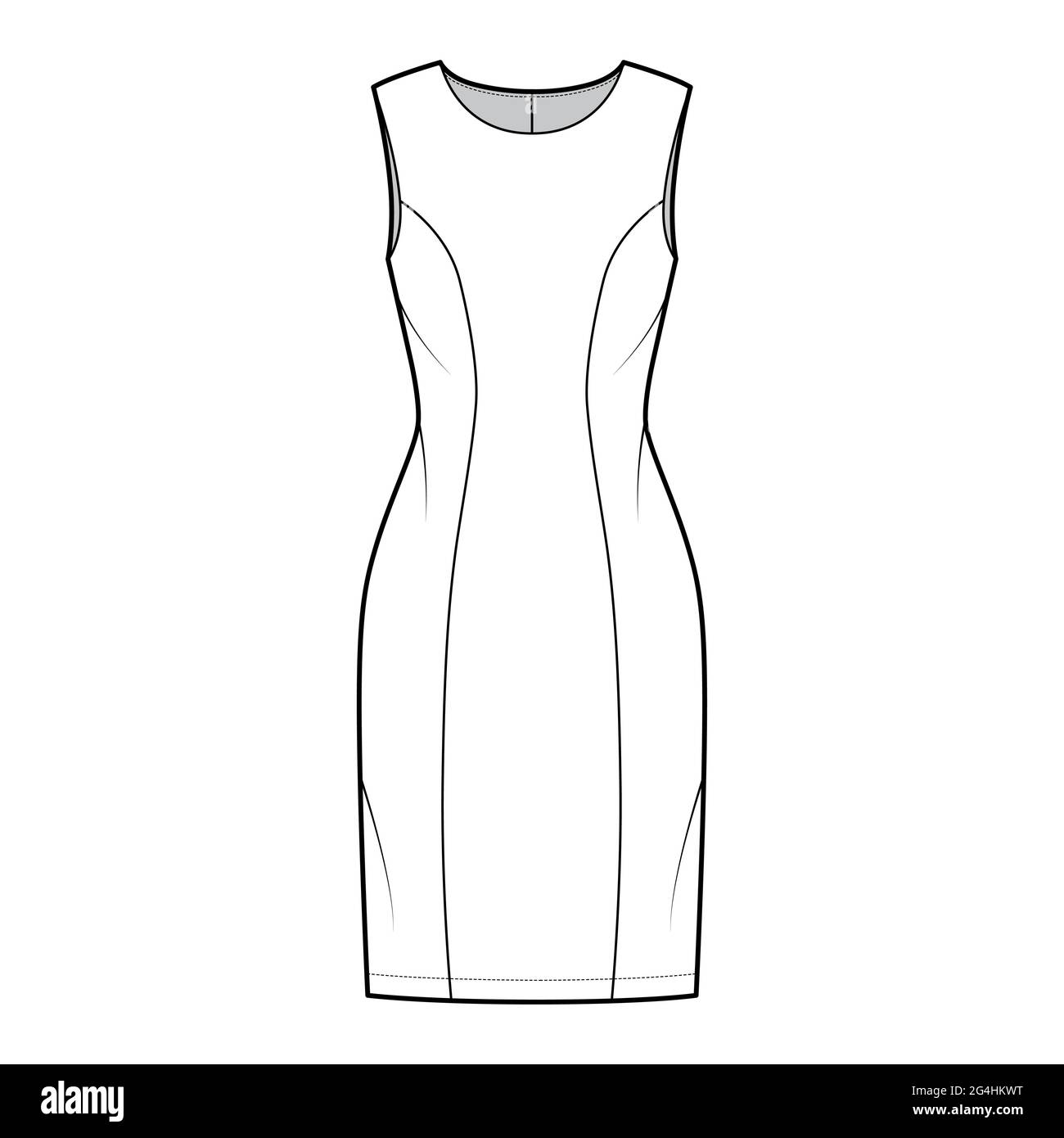 Dress princess line technical fashion illustration with sleeveless, fitted body, knee length pencil skirt. Flat apparel front, white color style. Wome Stock Vector