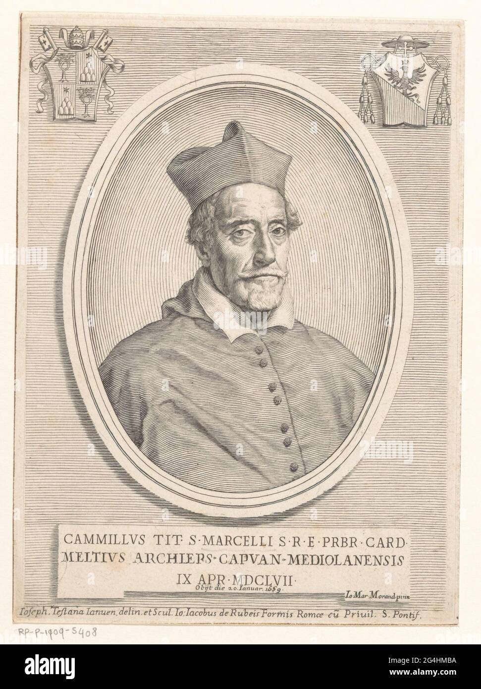 Portrait of Cardinal Camillo Melzi; Portraits of cardinals with two coats of arms; Effigies. Above left and at the top right of a coat of arms. Stock Photo