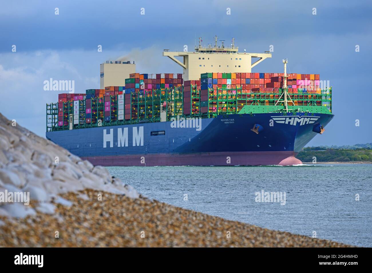 The South Korean Ultra Large container ship HMM Oslo, one of the world's largest container carriers, on Southampton Water - May 2021 Stock Photo