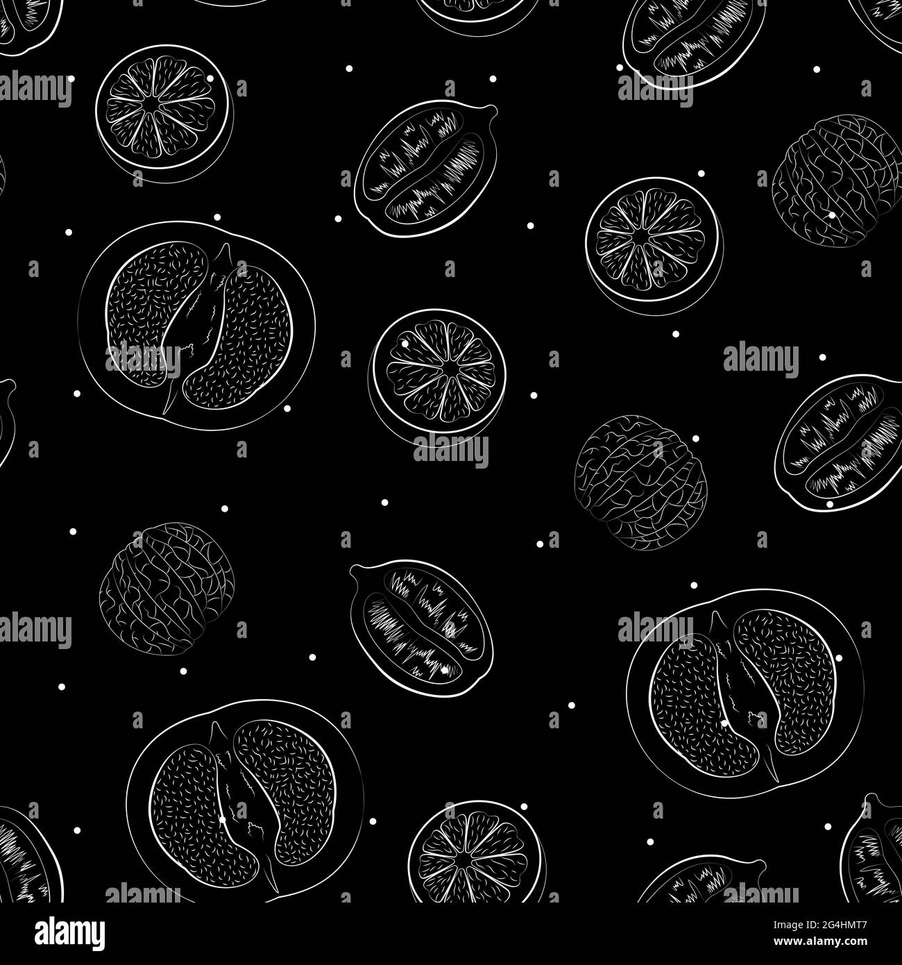 White grapefruits, lemons, and oranges in thin line on black backdrop Stock Vector